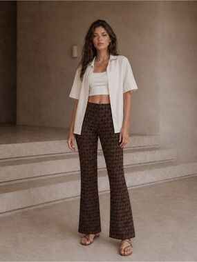DISSH LINEN BLACK AND BROWN GEOMETRIC PATTERN FLARE PANTS SIZE 4